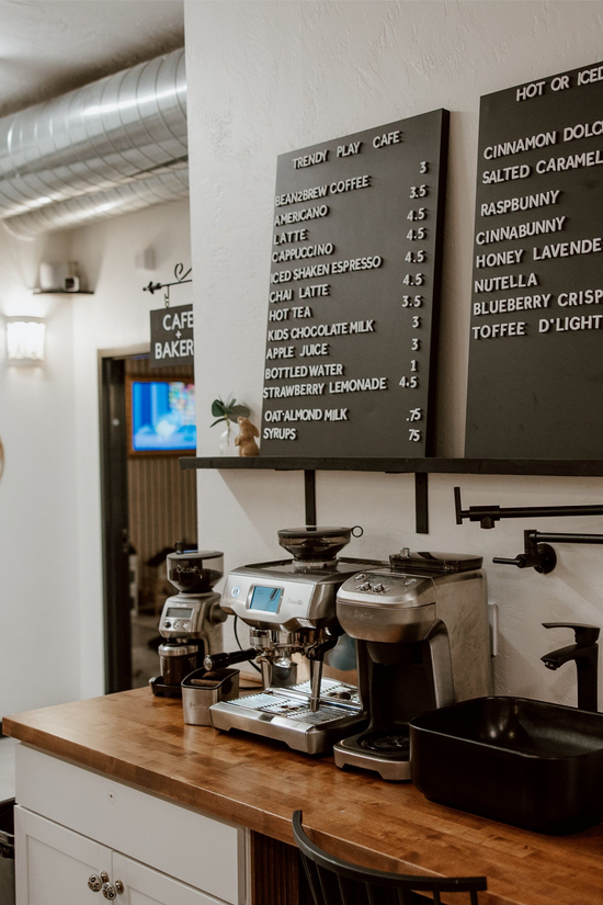 Coffee station at the play cafe in Trendy Bunny Studio, providing a relaxing spot for parents as kids engage in fun activities.